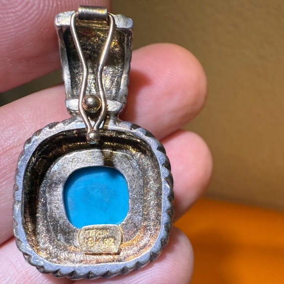 Large Vintage Sterling Silver 18k Gold Turquoise Enhancer Pendant Necklace - Picture 7 of 13